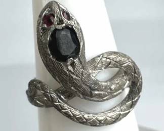 925 Silver Vintage Ruby & Black Spinel Snake Ring