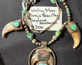 Vintage Sterling Silver Navajo Bear Claw & Turquoise Necklace-$300
