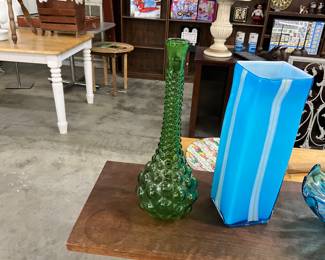 Empoli Italy Green Bubble Glass Genie Lamp Vase - Pier 1 Art Glass Blue Vase