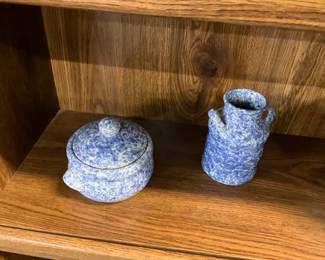 Blue & White Spongeware Pottery Bowl w/Lid & Milk Jug
