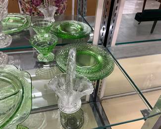 Green Uranium Glass Items - Clear Glass Etched Flowers Basket