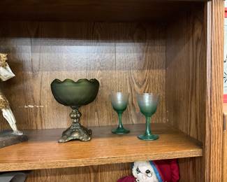 Green Satin Glass Brass Pedestal Bowl - Green Glass Wine Glasses