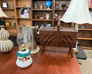 Hand Painted Milk Glass Oil Lamp - Wood Fold Out Sewing Box