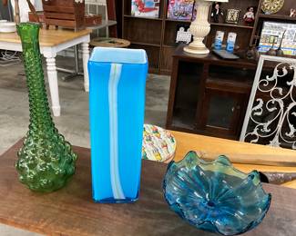 Empoli Italy Green Bubble Glass Genie Lamp Vase - Pier 1 Art Glass Blue Vase - L.E. Smith Blue Glass Ruffled Bowl