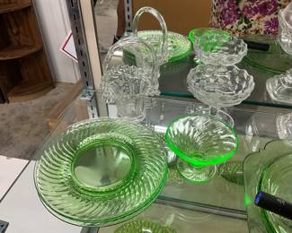 Green Uranium Glass Plates & Sherbert Dish