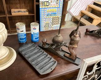Amoco Snowmobile Oil - Wagner Ware Cast Iron Cornbread Mold - Stanley Smooth Plane