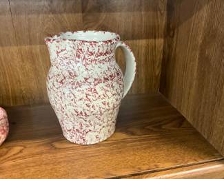 Roseville OH Pink & White Spongeware Pottery Pitcher