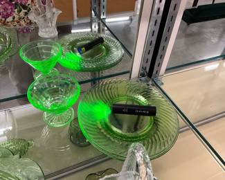 Green Uranium Glass Plates & Sherbert Dish
