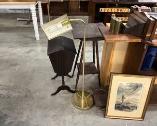 1930's Wood Priscilla Sewing Box -Brass Floor Lamp - Wood Plant Stand