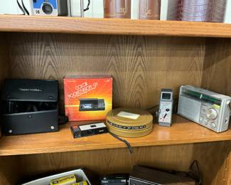 Vintage Cameras - Color Pocketvision - Reel Tin - Bell & Howard 8mm Movie Camera - Panasonic AM/FM Radio