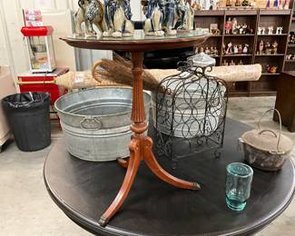 Galvanized Wash Tub - Vintage Wood Drink Table - Wrought Iron Wine Rack - Dutch Oven