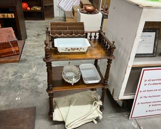 Triple Tiered Wood Tea Trolly - Pyrex Golden Pinecone Casserole Dish & Stand - Dresden Centerpiece Handled Bowl - Baking Dish 