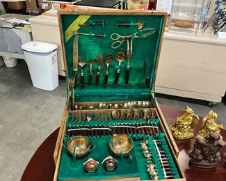 Vintage Thai Siam Brass & Rosewood Silverware Set w/Sectional Storage Chest