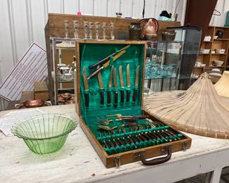 Jeannette 1930's Vaseline Green Depression Glass Bowl - Vintage Thai Siam Brass & Rosewood Silverware Set w/Sectional Storage Chest