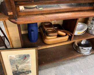 Blue Pottery Pitcher - Vintage Monkey Pod bowl Plates Wood Trays Set w/Wood Utensils