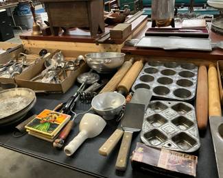 Vintage Metal Pans & Kitchen Utensils & Wooden Rolling Pins & Ceramic Coasters
