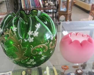 Green Rose Bowl Bohemian Hand Blown Glass - Pink Satin Glass Rose Bowl