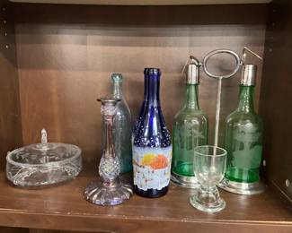 Etched Glass Covered Candy Dish - Candle Holder - Christmas Scene Wine Bottle - Pedestal Style Shot Glass 
