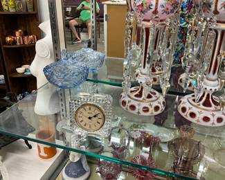 Blue Glass Covered Candy Dish - Staiger Quartz West Germany 24% Lead Crystal Desk Clock