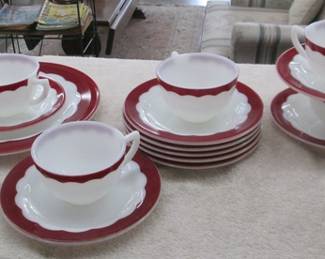 Corning Ware Milk Glass w/Red Scalloped Rims Cups & Saucers