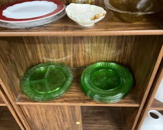 Green Depression Glass Divided Plates and Dinner Plates