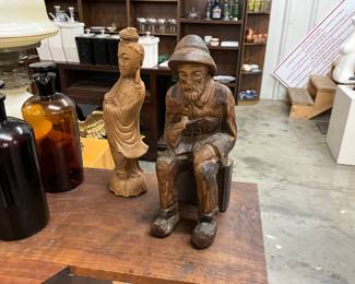 Carved Wood Statues "Goddess of Mercy and Kindness"  & "Sitting Smoking Fisherman"