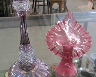 Purple Glass Candlestick Holder - Fenton Jack in the Pulpit Cranberry Ruffled Top Vase