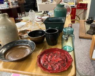 Assorted Pottery Items & Ball Blue Mason Jar