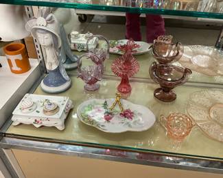 Lladro Girls Head - Fenton Pink Glass Basket - Fenton Glass Cranberry Vase - Porcelain Ink Well Set - Porcelain Relsh dish 