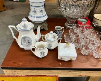 Sterling China "Courtship of Miles Standish" Series Circa 1915 Teapot, Creamer & Lidded Sugar Bowl - Westmoreland Paneled Grape Milk Glass Covered Dish