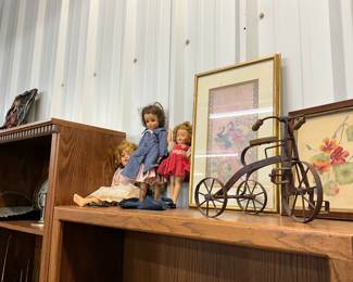 Vintage Dolls including a Shirley Temple Doll - Wall Decor - Metal Tricycle Decor  