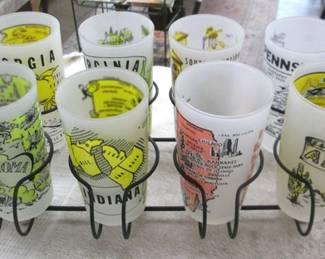 Hazel Atlas Frosted Glass State Souvenir Glasses w/Holder