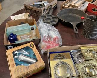 Assorted Vintage Bottles, Cast Iron Pans, Decorative 