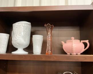 Indiana Milk Glass Grapevine Pitcher & Tumblers - Glass Swung Glass Vase - 1940's Hall China Co Teapot