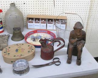 Pottery Jug * Spice Rack * Brass Bell * 1 Pint GWD Co Red Metal Oil Can * Glass Ice Bucket