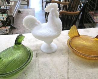 Green & Amber Colored Hen on Nest * While Milk Glass Rooster Covered Dish