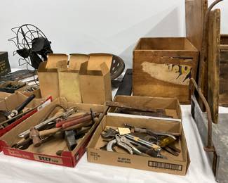 Assorted Vintage Metal Tools, Tractor Seat & Wooden Box/Crate