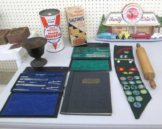 Vtg Tins - Moth Nuggets & Saltines * Family Drive In Wall Clock * Drafting Sets * Girl Scouts Sash w/Badges * Wooden Rolling Pin
