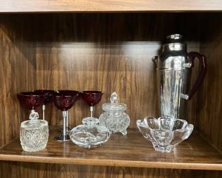 Ruby Red Glass & Chrome Cocktail Glasses - Cut Glass Crystal Honey or Jam Jar and other Clear Glass Items - Art Deco Chrome Cocktail Shaker 1920's - 1930's
