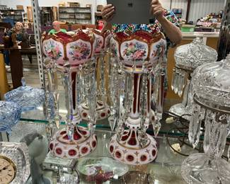 Victorian Overlay Bohemian Luster Vases / Candle Holders