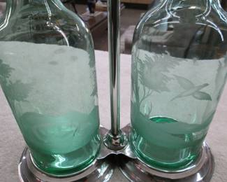 Green Etched Glass Bottles w/Holder
