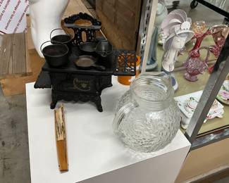 Mini Cast Iron Wood Cook Stove - Chinese Folding Hand Fan - Anchor Hocking Lido Ball Clear Glass Pitcher