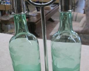 Green Etched Glass Bottles w/Holder