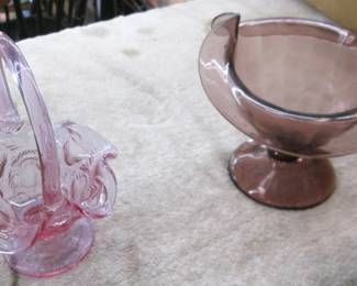 Pink Glass Basket * Purple Depression Glass Jack in the Pulpit Bowl Candy Dish