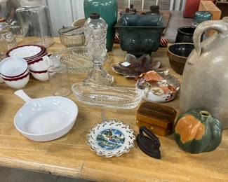 Blue Cornflowers Corning Ware Skillet - Souvenir Wall Plate - Miniature Sad Iron - Assorted Pottery & Clear Glass Items