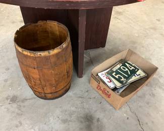 Wood Barrel/Keg & Vintage License Plates