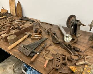 Assorted Tools, Flashlight, Hinges 