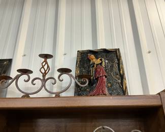 Wrought Iron Candelabra & Chalkware Asian Wall Decor