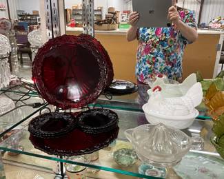 Ruby Red Avon Cape Code Dinner Plates & Dessert Bowls - Milk Glass Hen on Nest