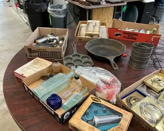 Assorted Vintage Bottles & Kitchen Items & Cast Iron Pans